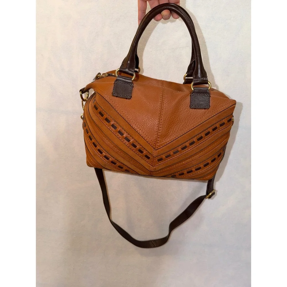 Isabella‎ Fiore Leather Chevron Satchel Crossbody Bag Tan Brown